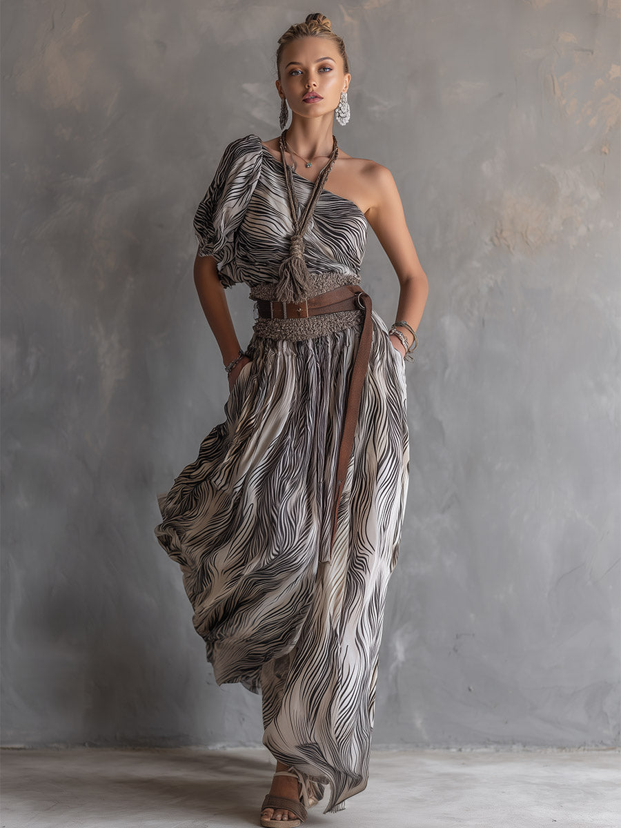 Vintage-style Western White Abstract-stripe One-shoulder Chiffon Maxi Dress