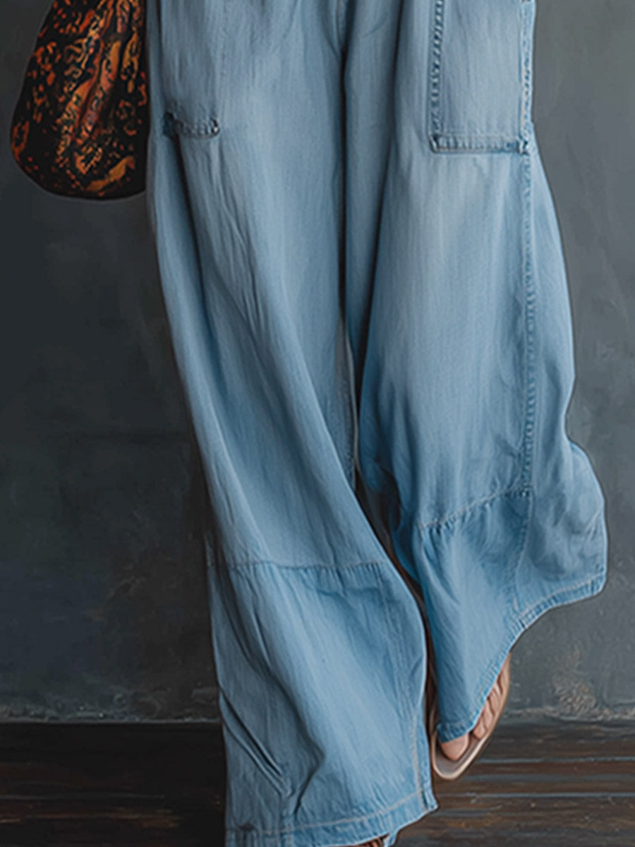 Retro-style Lace-trimmed Light Blue Denim Sleeveless Jumpsuit