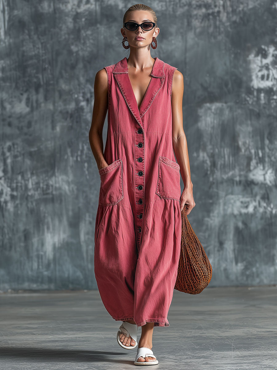 Casual Retro Pink Denim Sleeveless Midi Dress