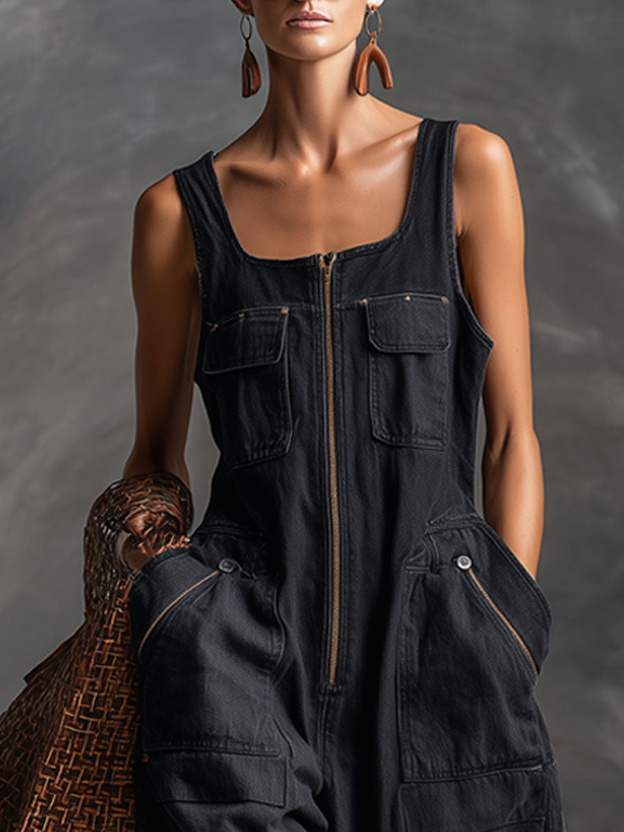 Casual Retro Black Denim Sleeveless Zip-up Jumpsuit