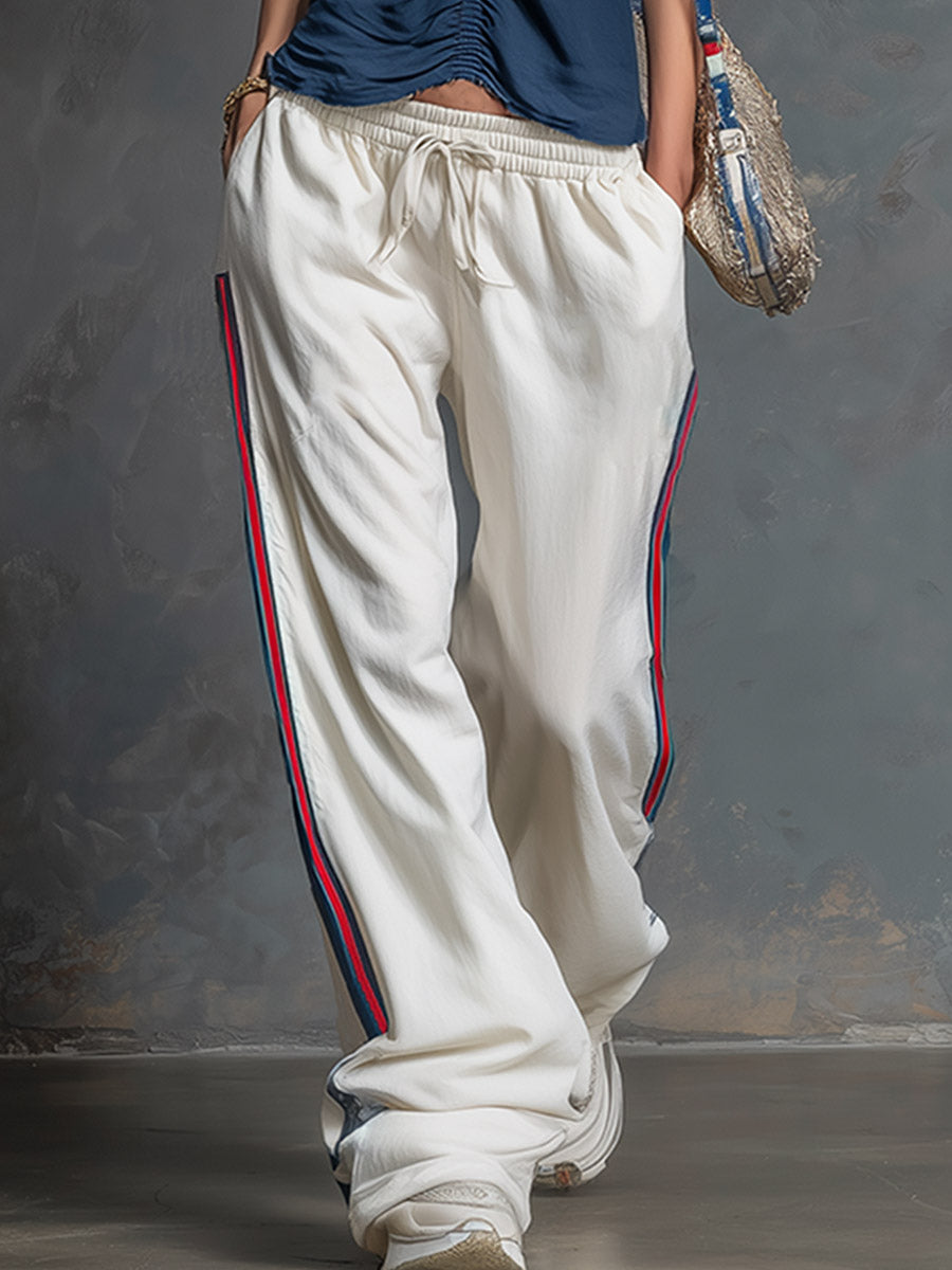 Casual-sporty Navy Blue Pleated Sleeveless Top And White Wide-leg Trousers Set