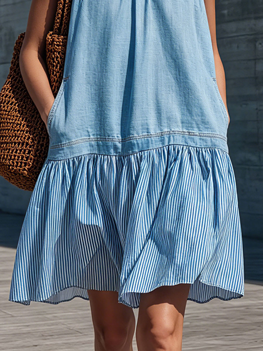 Casual Retro Cotton And Linen Striped Light Blue Denim Sleeveless Mini Dress