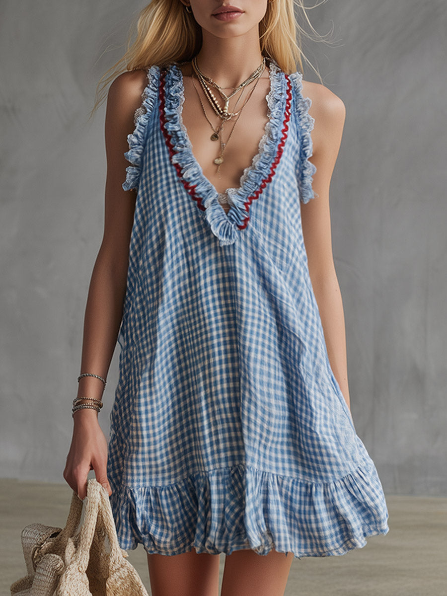 Casual-Chic Ruffled Blue Check Cotton-Linen Mini Dress