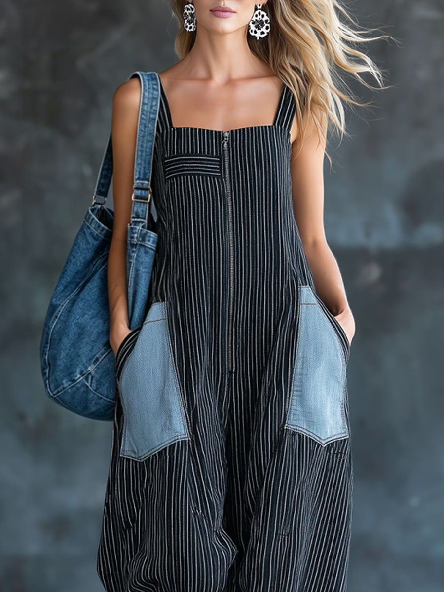 Casual Retro Black And White Striped Denim Sleeveless Zipper Balloon Jumpsuit