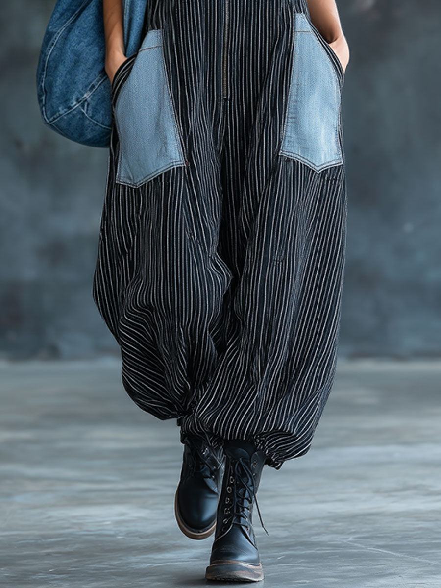Casual Retro Black And White Striped Denim Sleeveless Zipper Balloon Jumpsuit