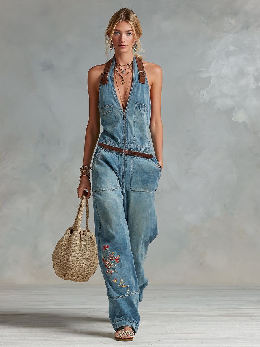 Retro-style PU Shoulder Straps Blue Embroidered Denim Jumpsuit