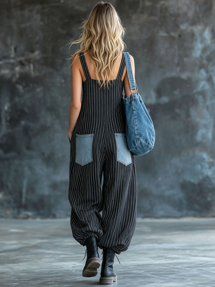 Casual Retro Black And White Striped Denim Sleeveless Zipper Balloon Jumpsuit