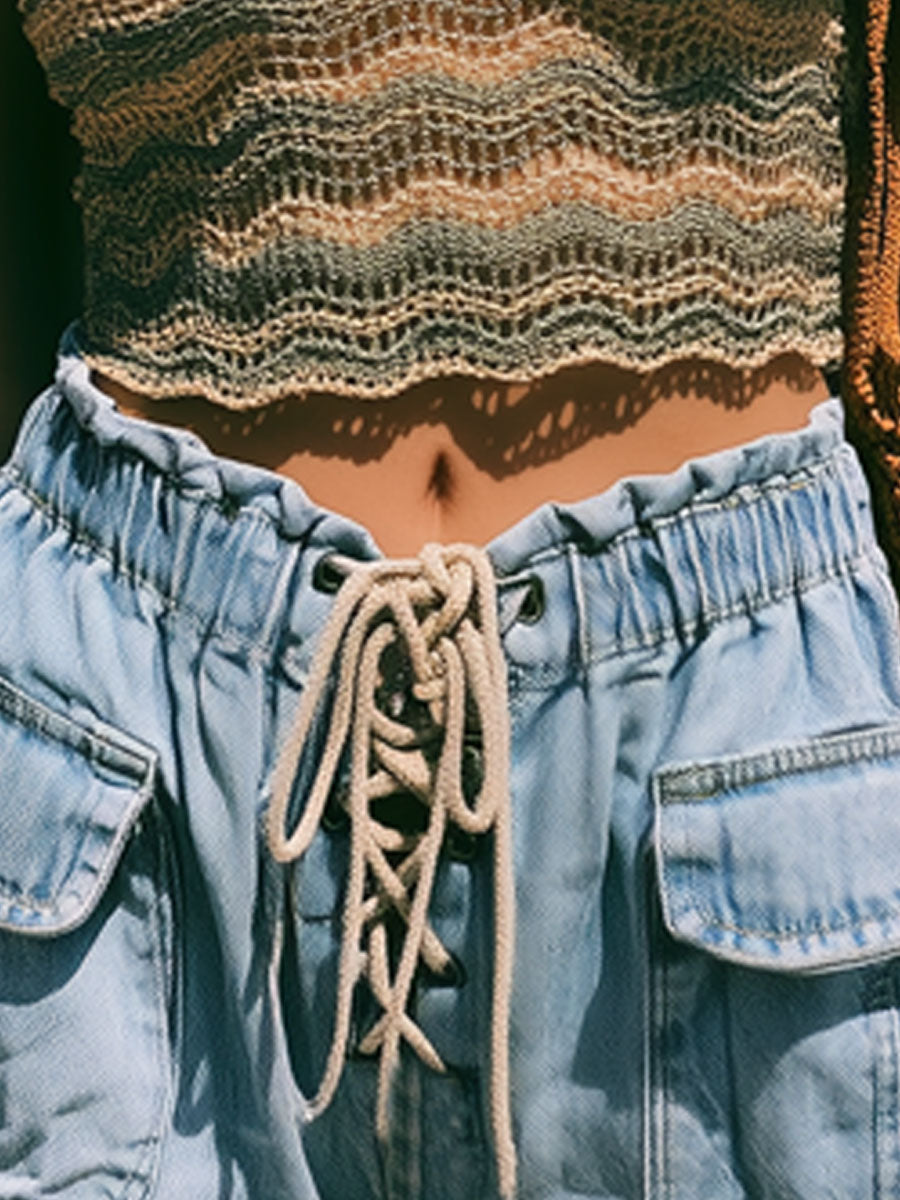 Casual Retro Elastic Waistband Light Blue Denim Cargo Shorts