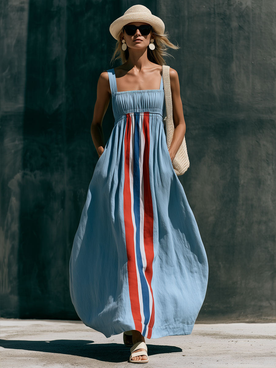 Vacation Retro Color Block Striped Blue Cotton Linen Sleeveless Maxi Dress