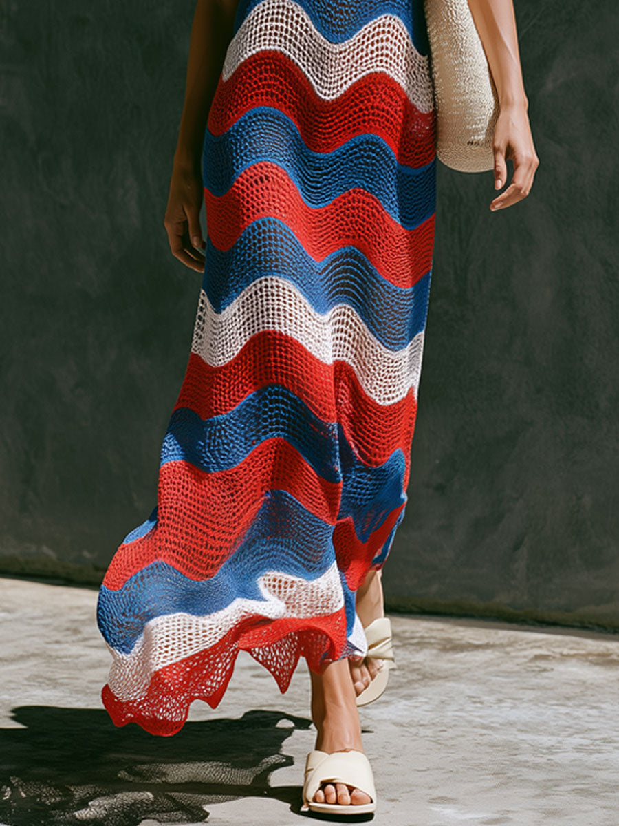 Fashionable Vacation-style Wavy Striped Mesh Knit Sleeveless Maxi Dress