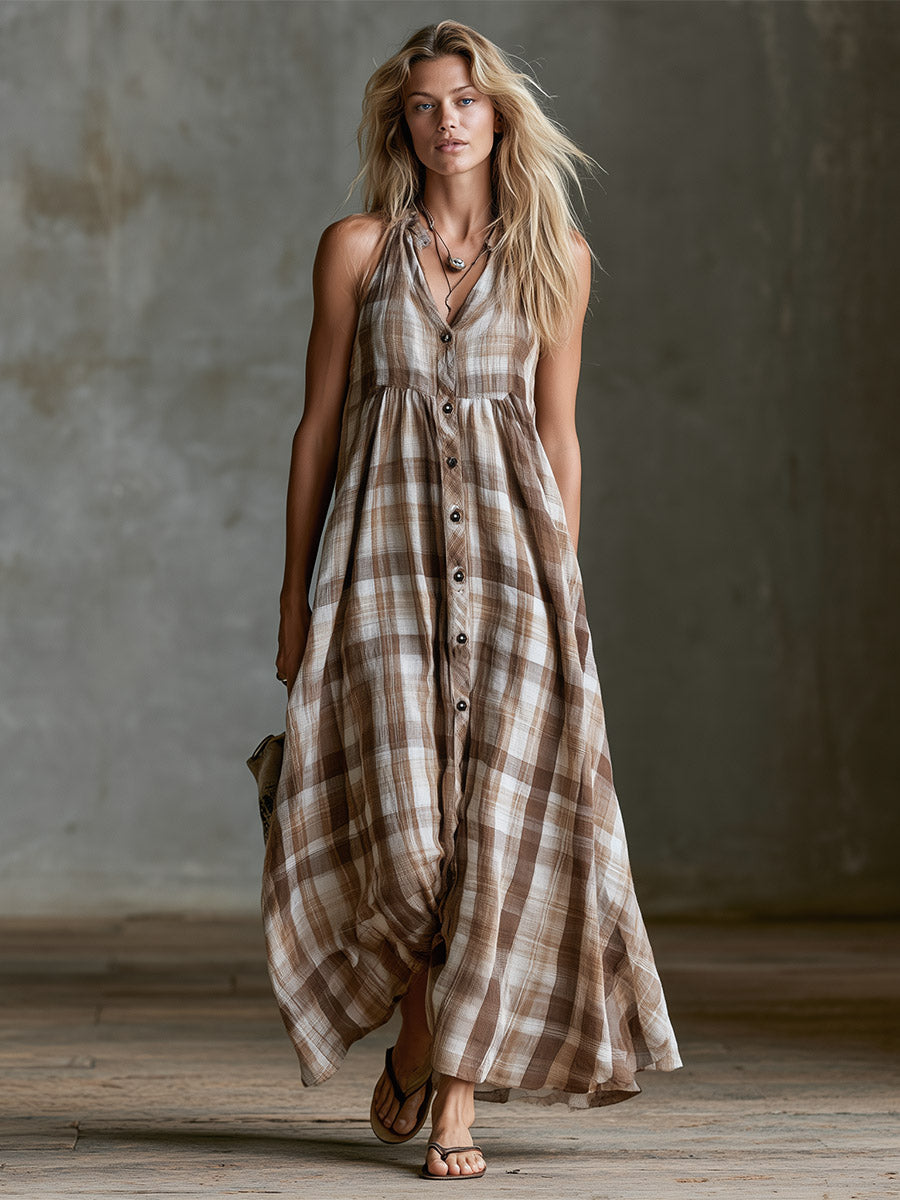 Retro-style Vacation Brown-and-white Check Cotton-linen Maxi Dress