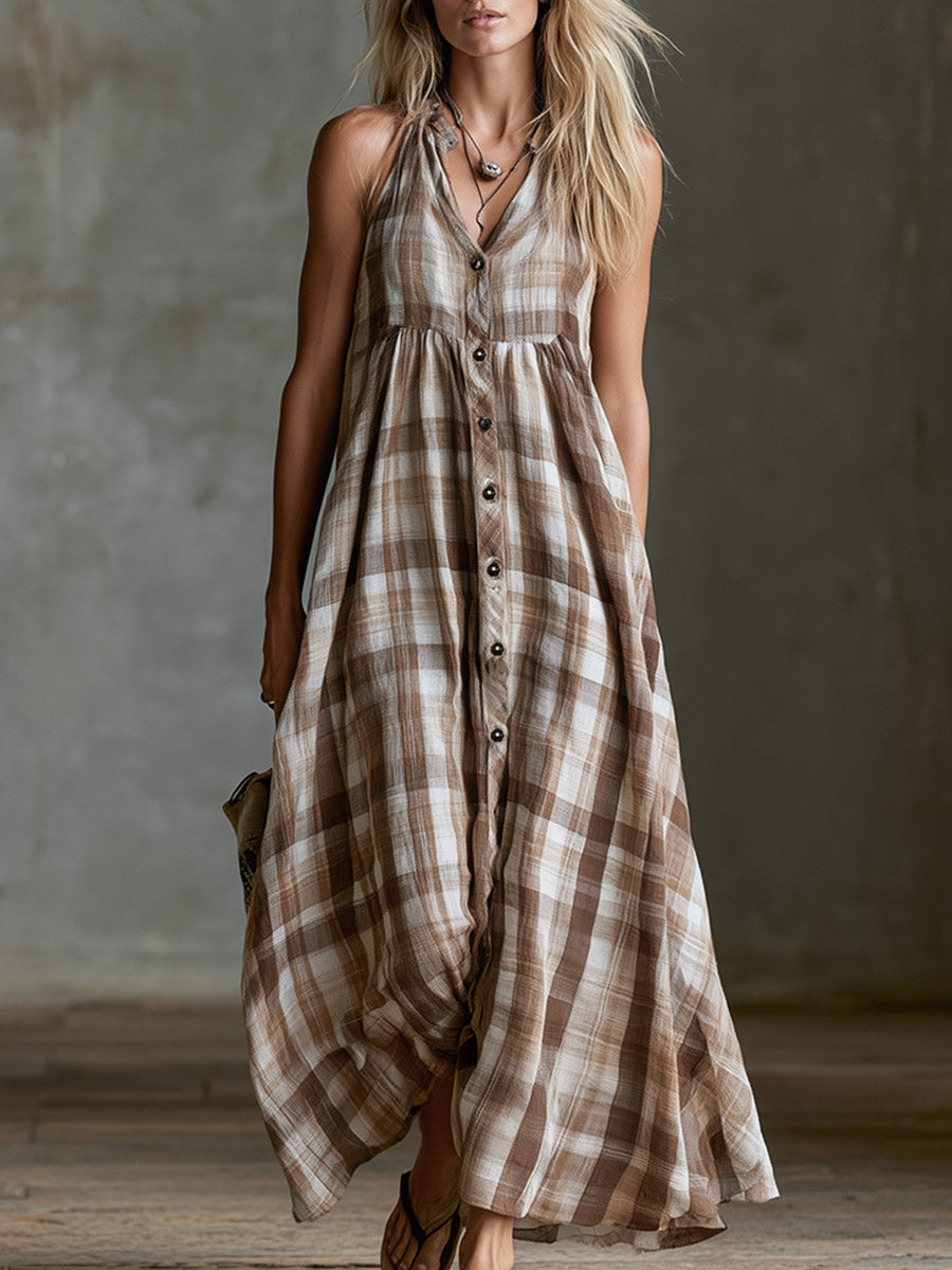 Retro-style Vacation Brown-and-white Check Cotton-linen Maxi Dress