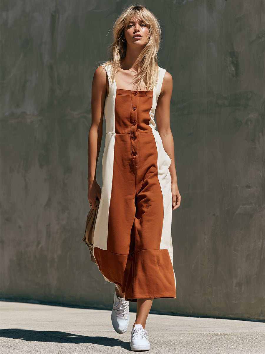 Casual Retro Color-blocked Square Neck Cotton Jumpsuit