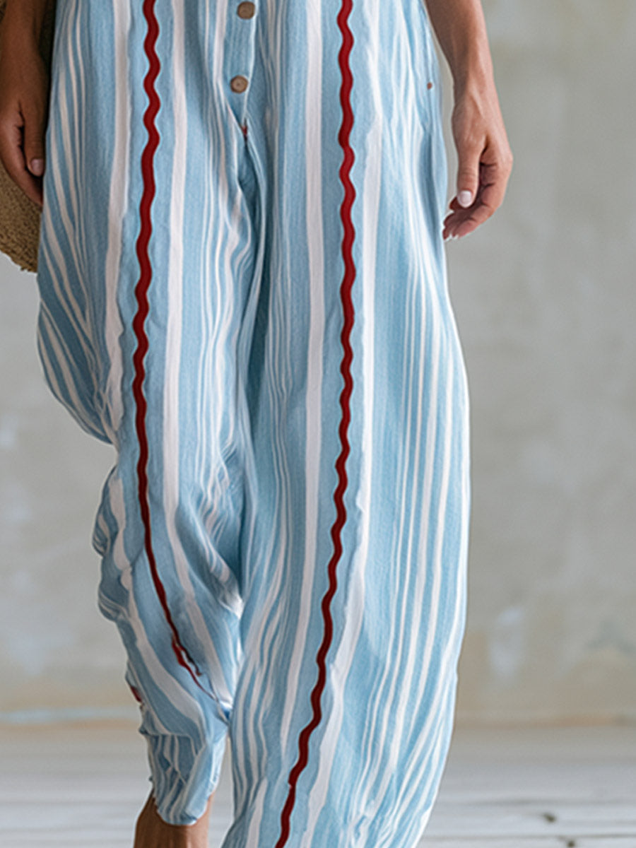 Casual-Chic Scalloped-Edge Blue Striped Cotton-Linen Square-Neck Jumpsuit