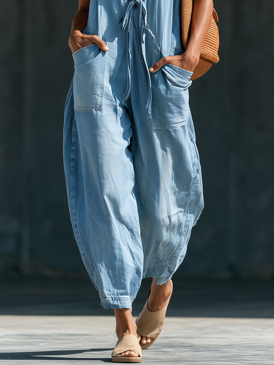 Fashionable Retro V-neck Lace-up Sleeveless Light Blue Denim Jumpsuit