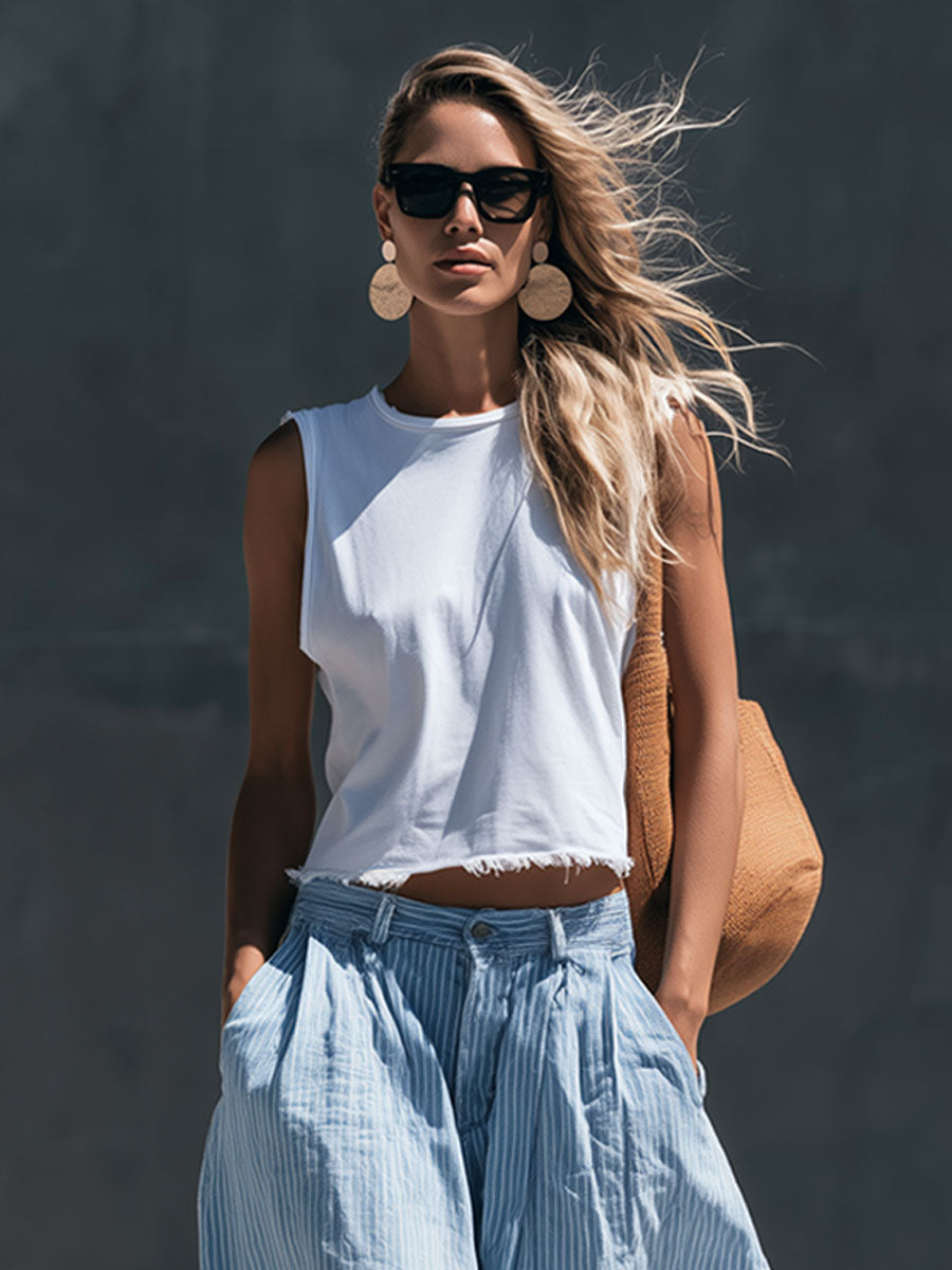 Casual Retro Frayed Top And Light Blue Striped Cotton-linen Cropped Pants Set