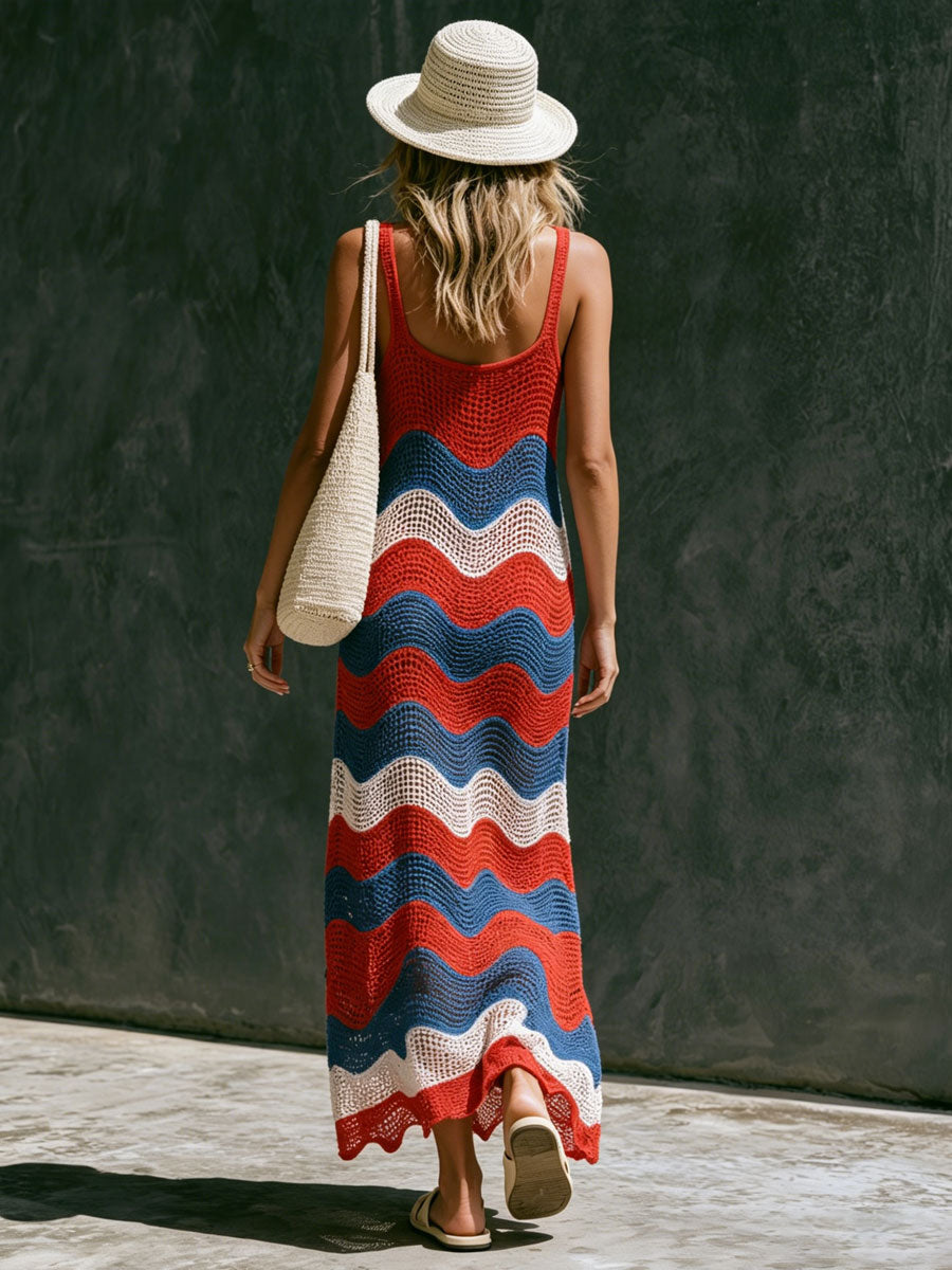 Fashionable Vacation-style Wavy Striped Mesh Knit Sleeveless Maxi Dress