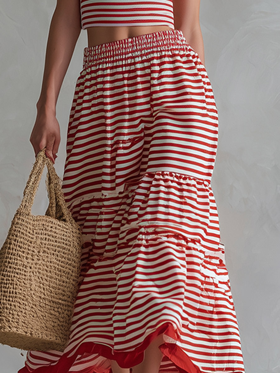 Retro Resort-Style Sporty Red Striped Cotton Sleeveless Top And Skirt Set