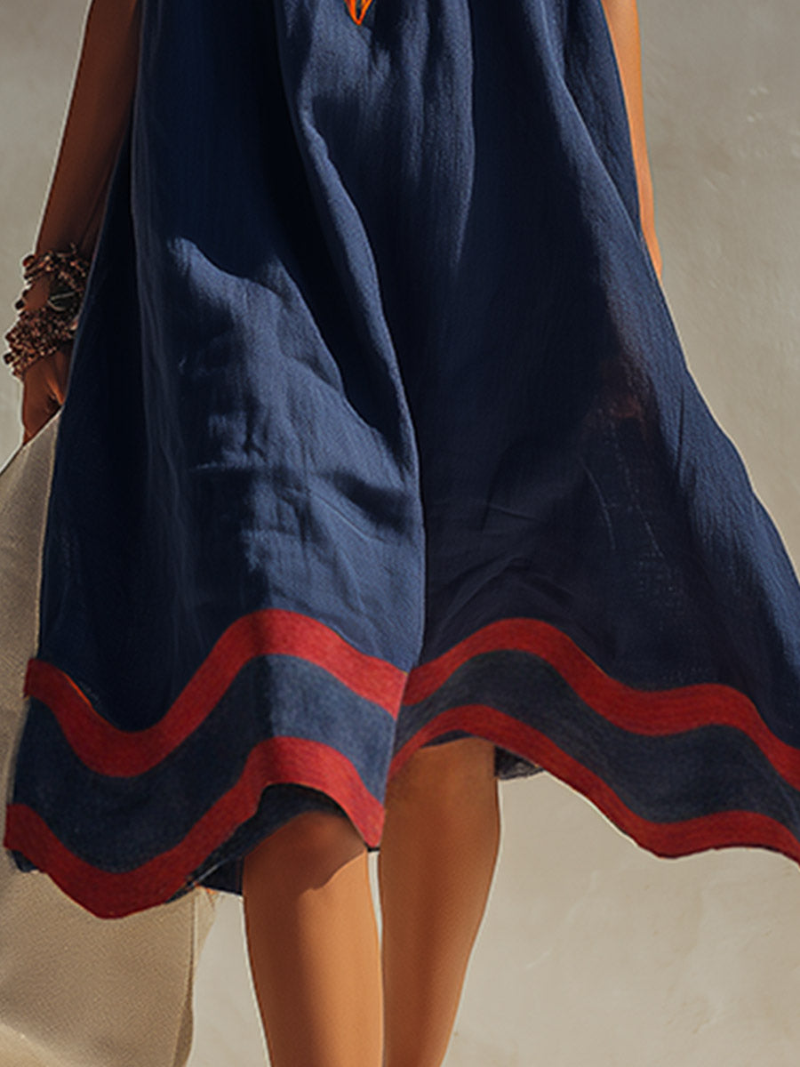 Vintage Elegance Meets Wavy Edging Navy Blue Cotton-Linen Midi Dress