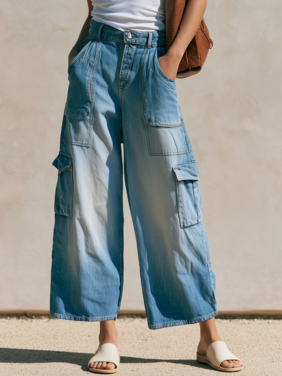 Casual Retro Light Blue Cropped Workwear Jeans