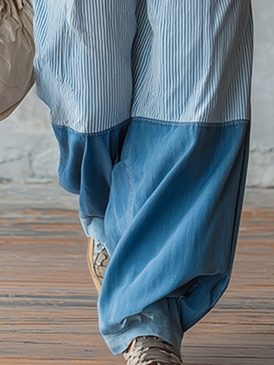 Casual-chic Light Blue Striped Patchwork Jeans