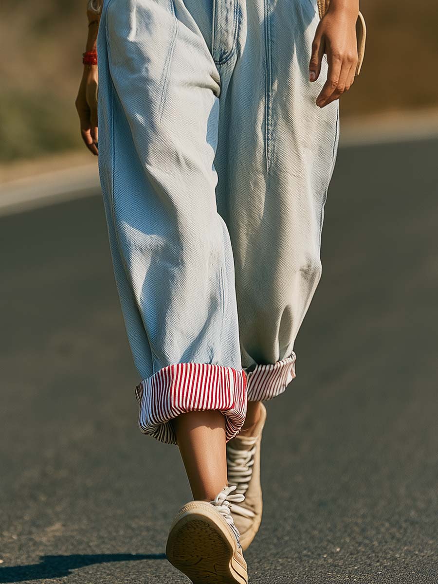 Retro Fashion Striped Cuffs Light Blue Washed Denim Cropped Trousers