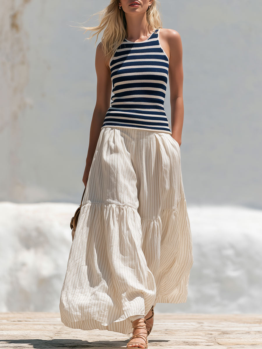 Casual Retro Blue Striped Knit Vest And Beige Striped Cotton-linen Pants Set
