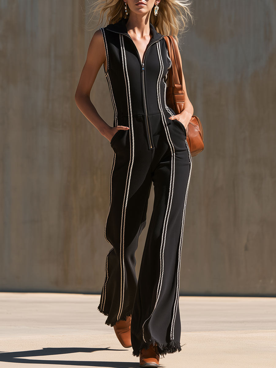 Sporty Retro Webbing Black Cotton Frayed Sleeveless Jumpsuit