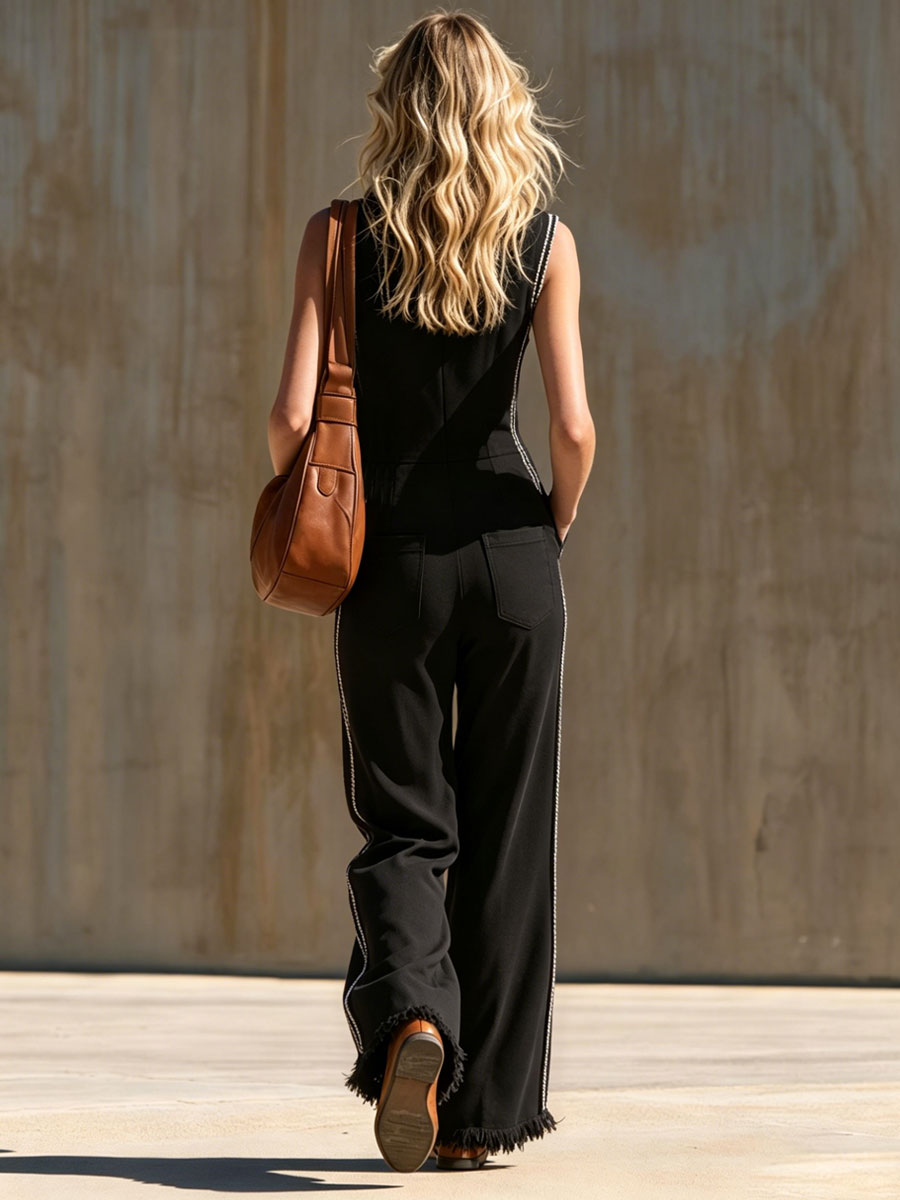 Sporty Retro Webbing Black Cotton Frayed Sleeveless Jumpsuit