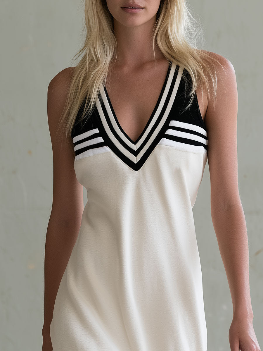 Casual Retro Color-blocked Ribbed Off-white Sleeveless V-neck Cotton Mini Dress