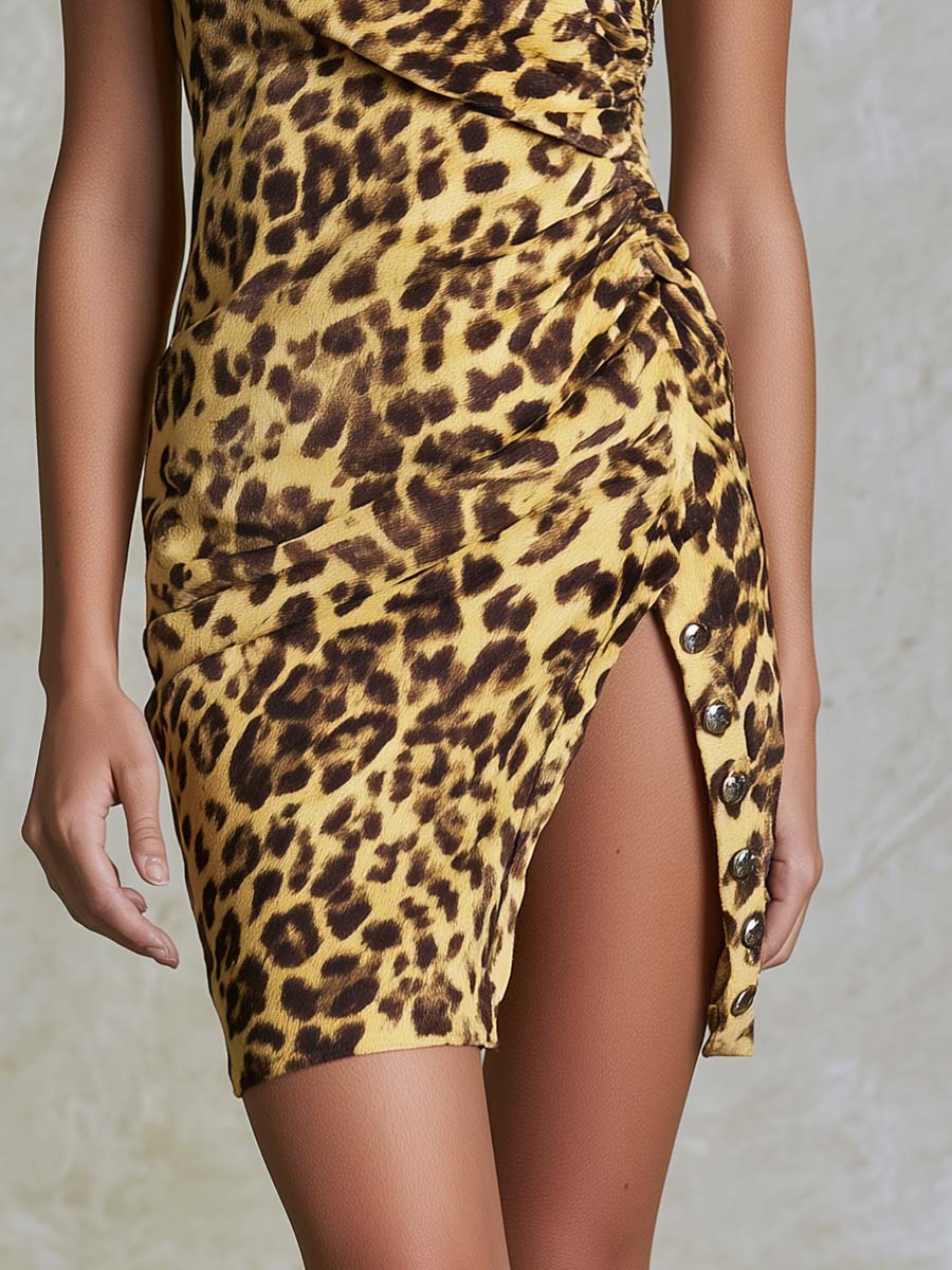 Retro Western One-shoulder Side Slit Leopard Print Light Yellow Faux Suede Mini Dress