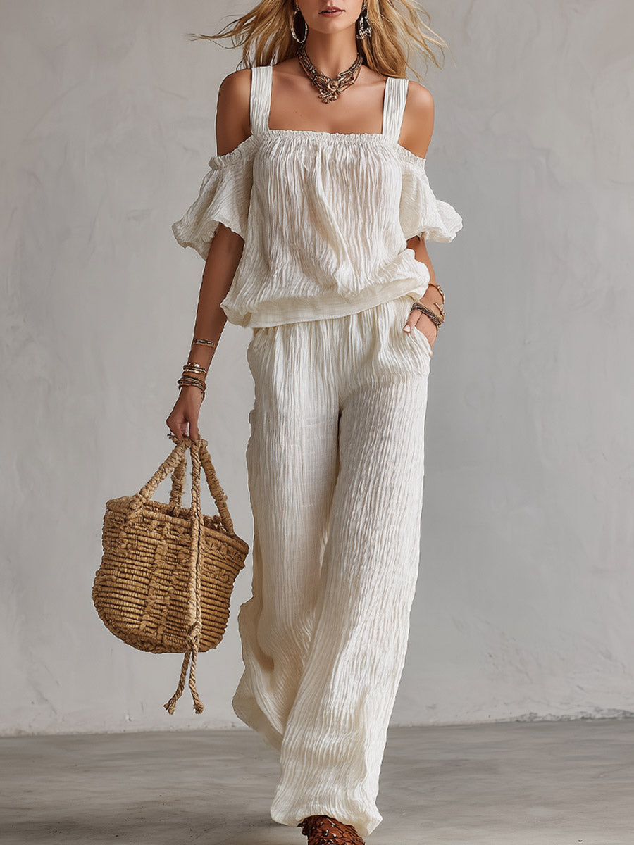 Minimalist Urban White T-Shirt & Wide-Leg Pants Crinkled Cotton-Linen Set