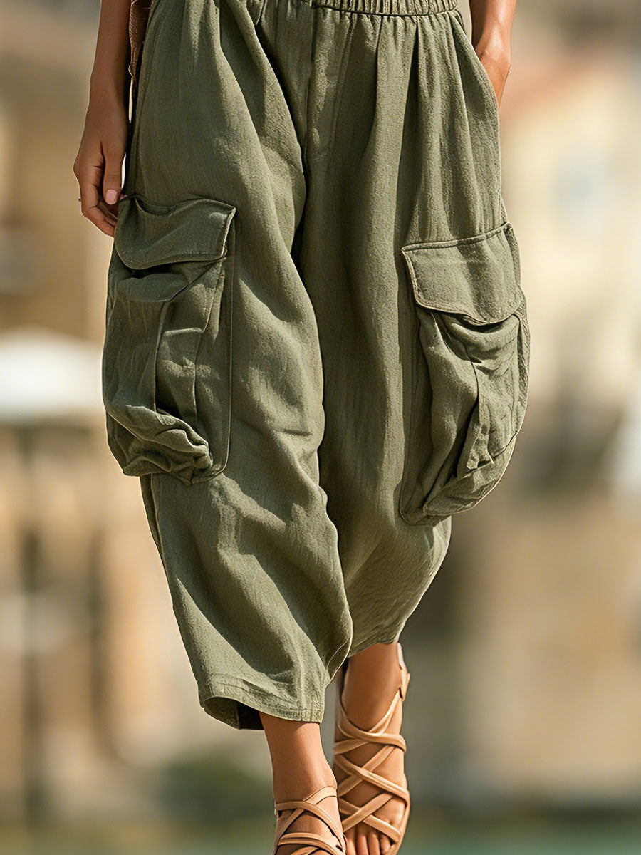 Casual Retro Striped Strapless Top And Green Cotton Linen Capri Pants Set