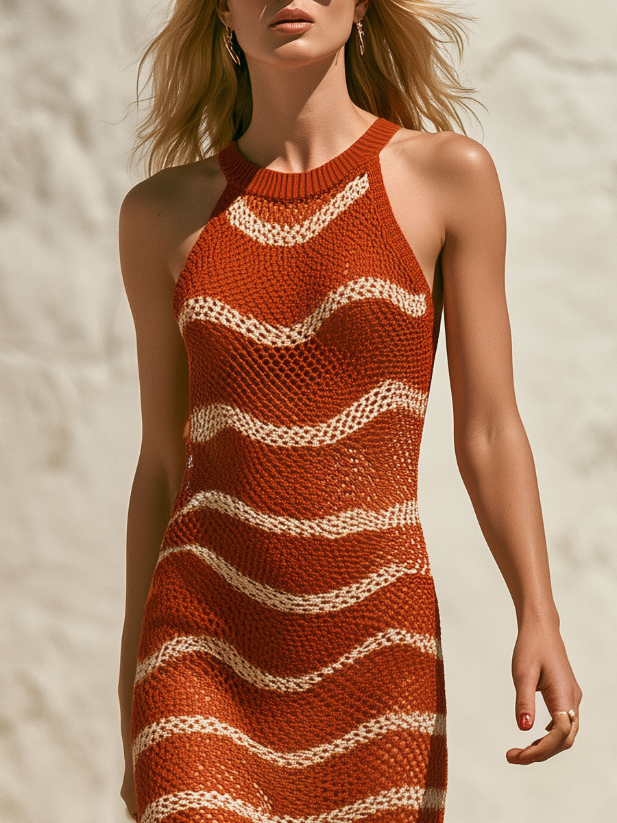 Retro White Wavy Orange Sleeveless Round Neck Knit Midi Dress