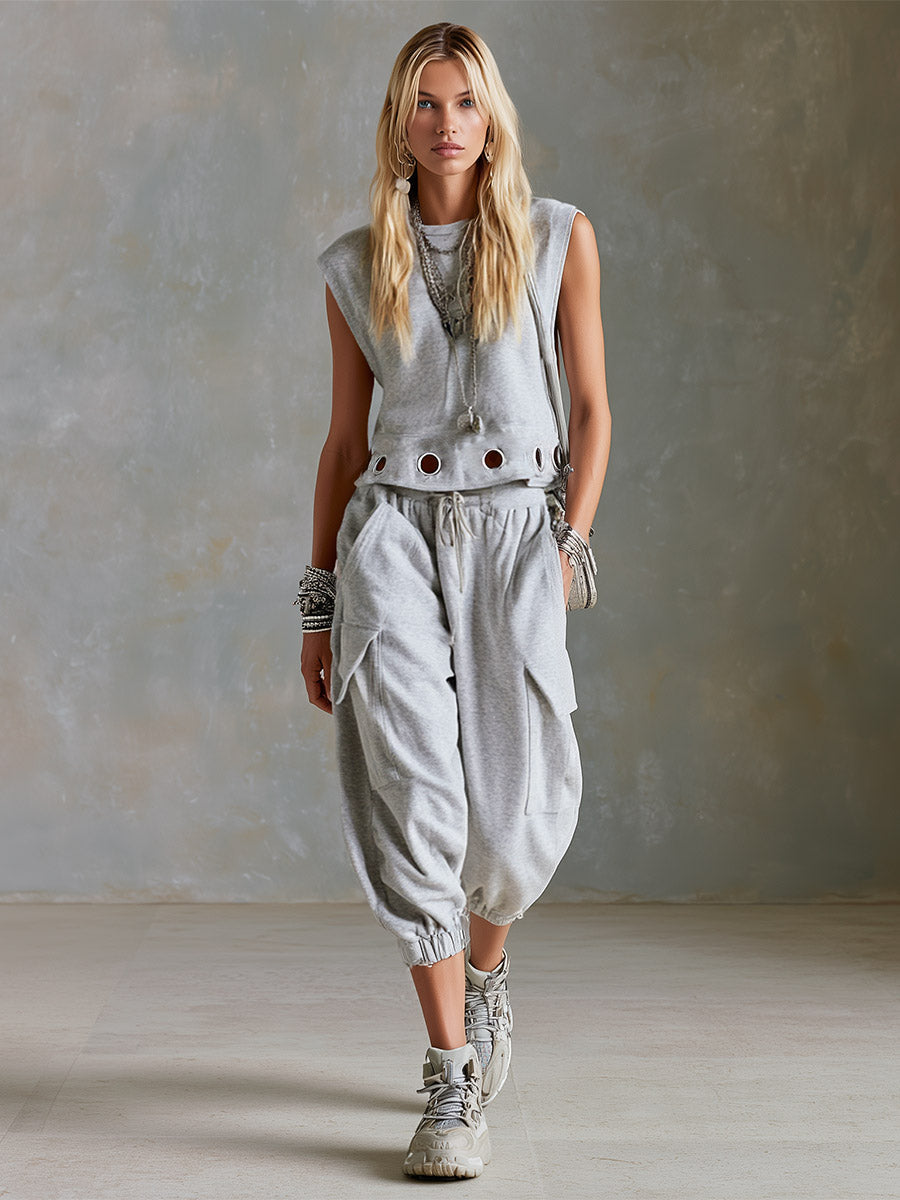 Casual Sporty Style Metal Eyelets Grey-White Tank Top & Cropped Pants Cotton Set