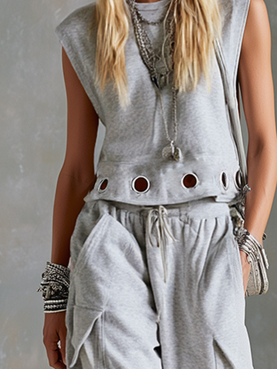Casual Sporty Style Metal Eyelets Grey-White Tank Top & Cropped Pants Cotton Set