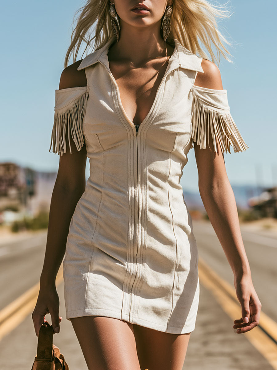 Western Retro Creamy White Faux Suede Hollow-Out Tassel Mini Dress