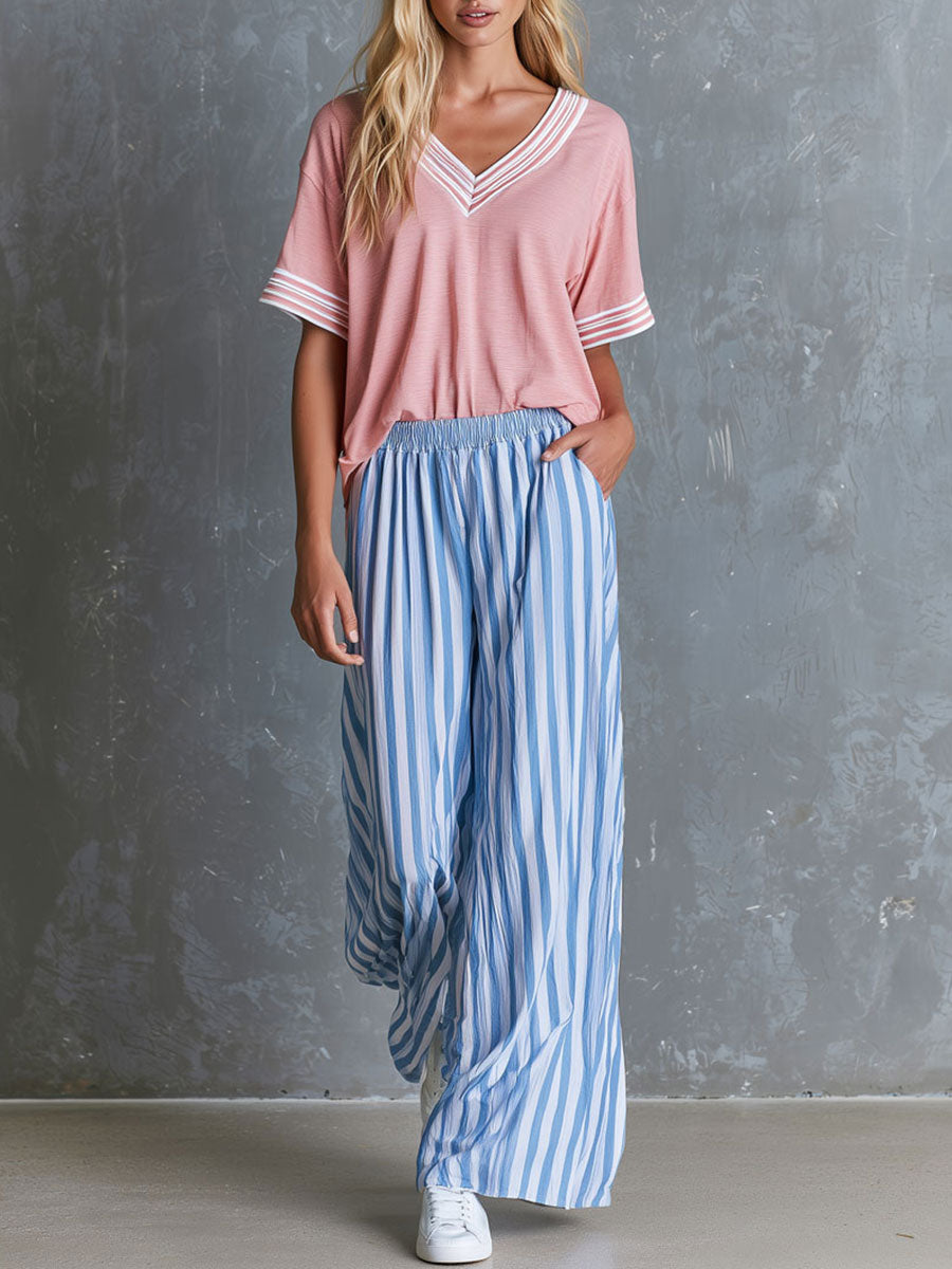 Retro Pink V-neck Short-sleeved T-shirt And Blue Striped Trousers Set