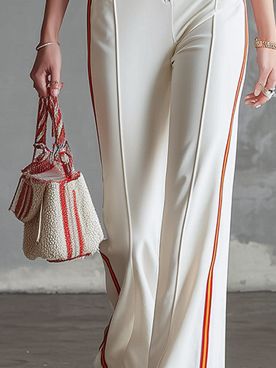 Refined Sporty Striped Trim White Short-sleeved Jumpsuit