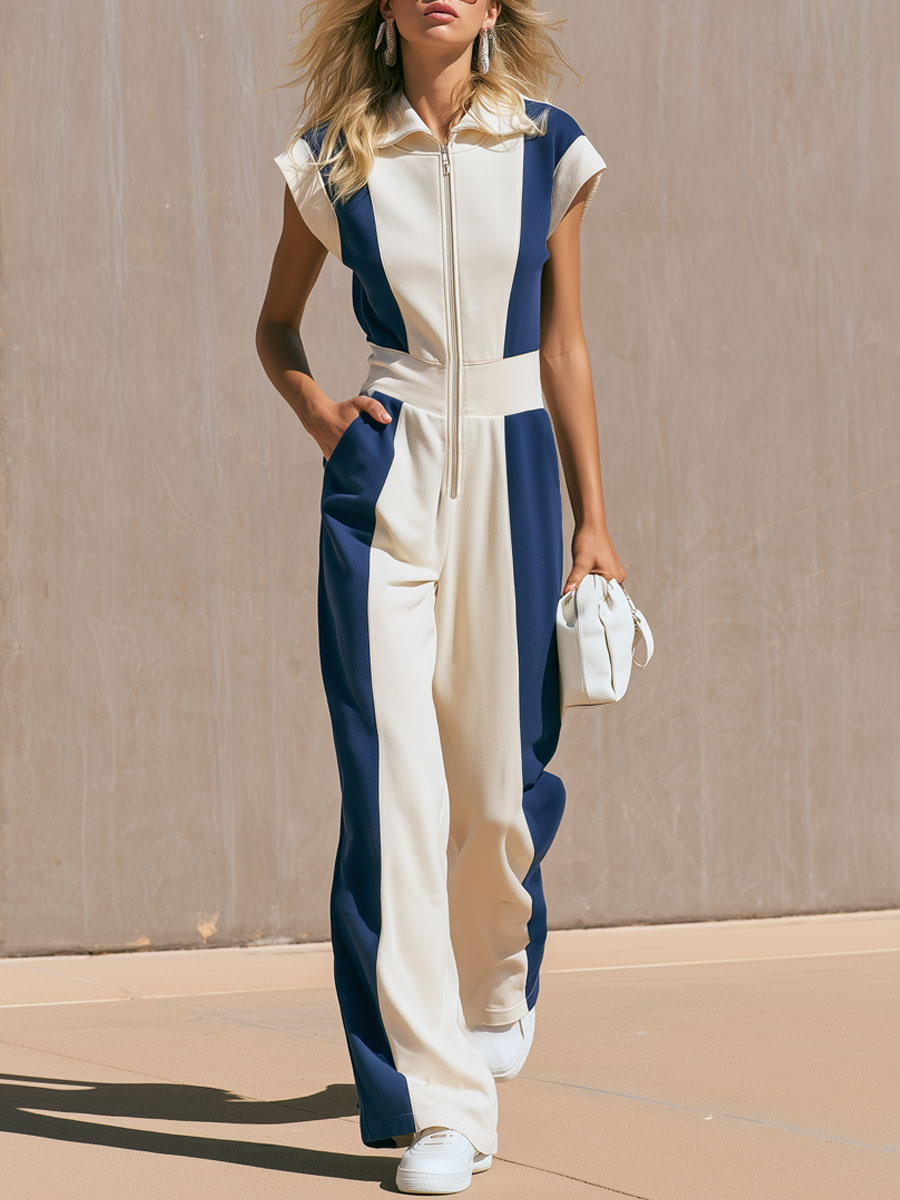 Sporty Retro Color-blocked Cotton Short-sleeved Zip-up Jumpsuit