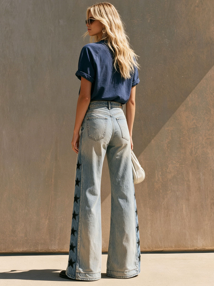 Casual Retro Five-pointed Star Embroidered Light Blue Flared Jeans