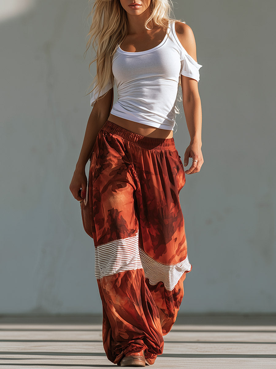 Chic Sporty Style White Off-the-shoulder T-shirt And Red Camouflage Wide-leg Pants Set