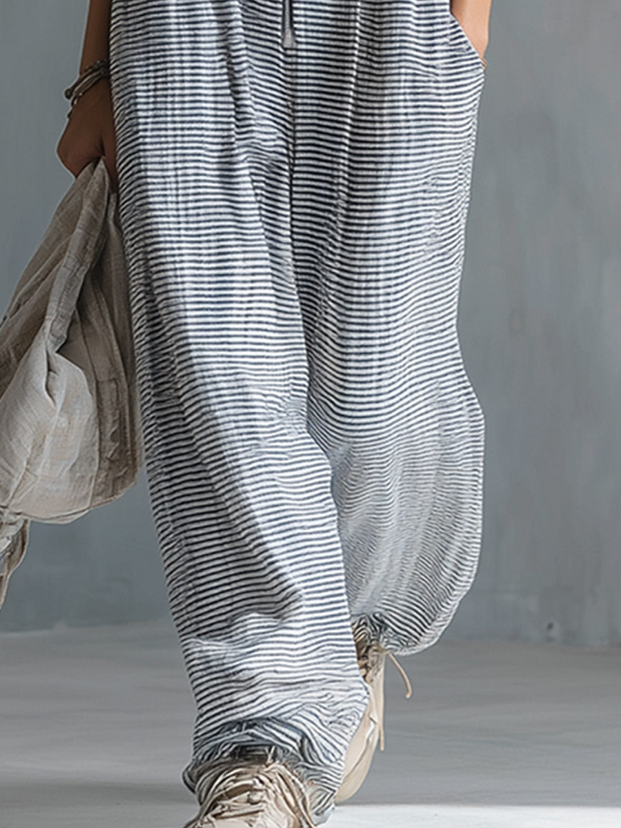 Casual Striped Cotton Sleeveless Hooded Jumpsuit