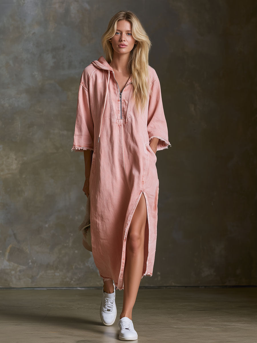 Casual Retro-style Pink Hooded Short-sleeved Denim Midi Dress