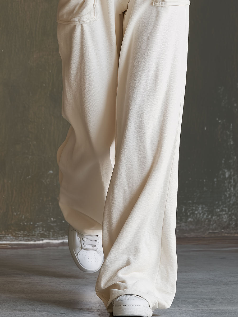 Retro Casual Off-white Long-sleeved V-neck Single-breasted Cotton Jumpsuit