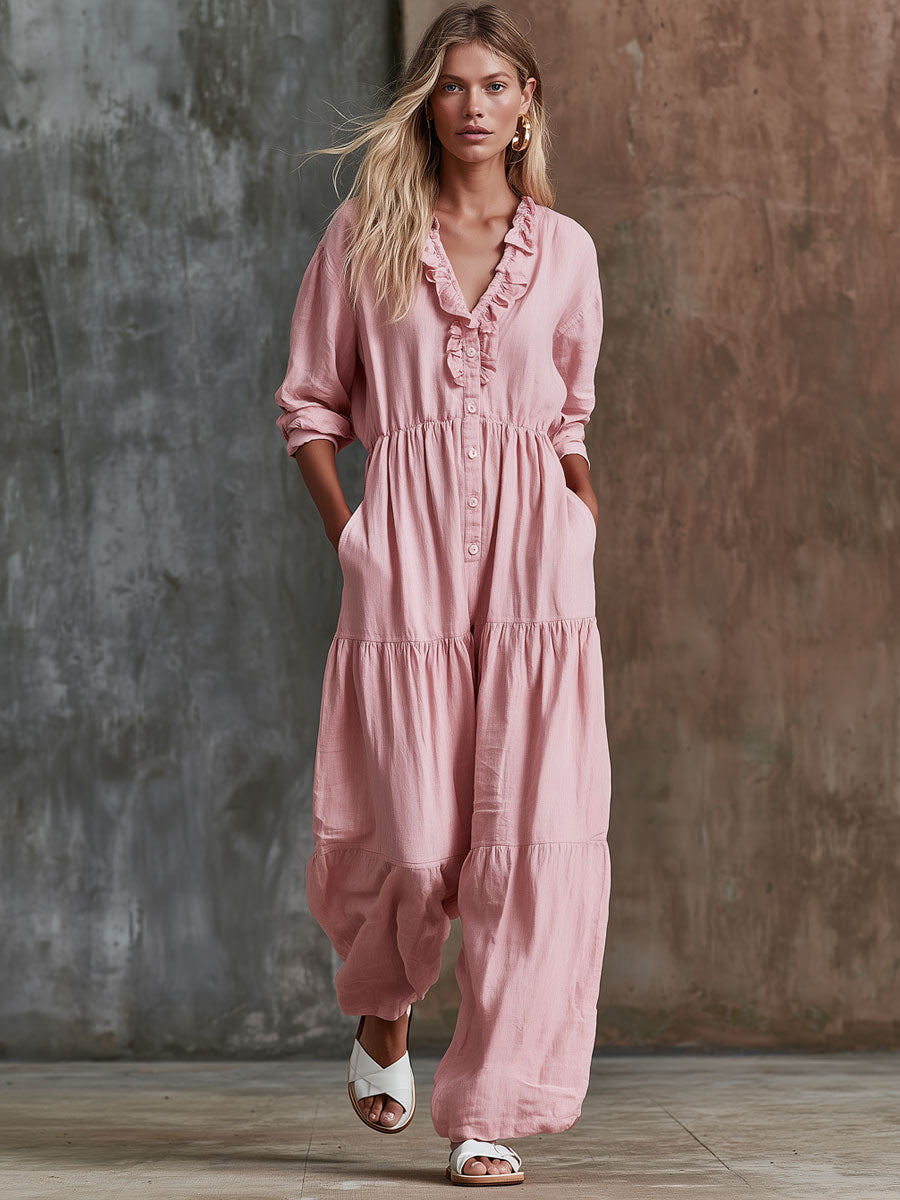 Retro-style Pink Ruffled V-neck Long-sleeved Cotton-linen Jumpsuit