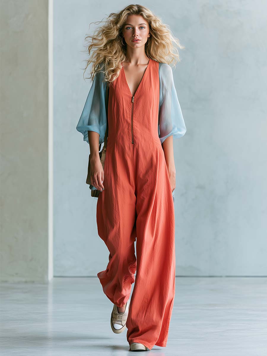 Casual Fashion V-neck Front-zip Sheer Short Sleeves Coral Orange Cotton Jumpsuit