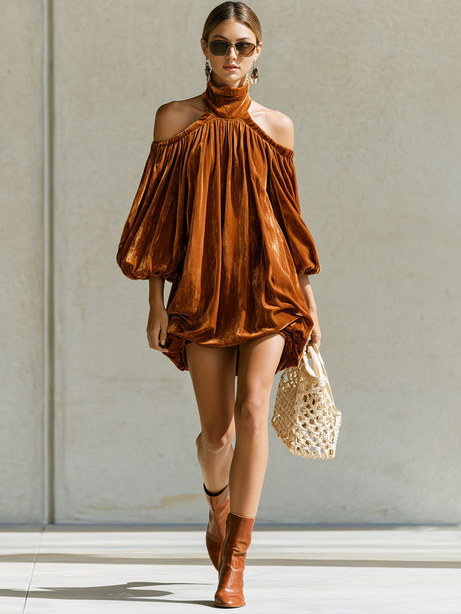 Fashionable Retro Caramel-colored Velvet Hollowed-out Flower Bud Mini Dress