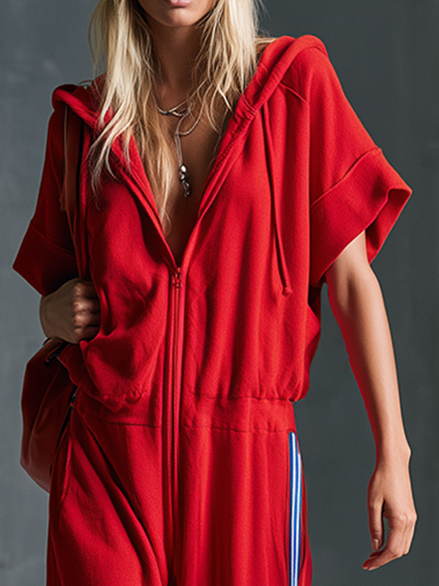 Casual-chic Sporty Side-stripe Detail Red Cotton Short-sleeve Hooded Jumpsuit
