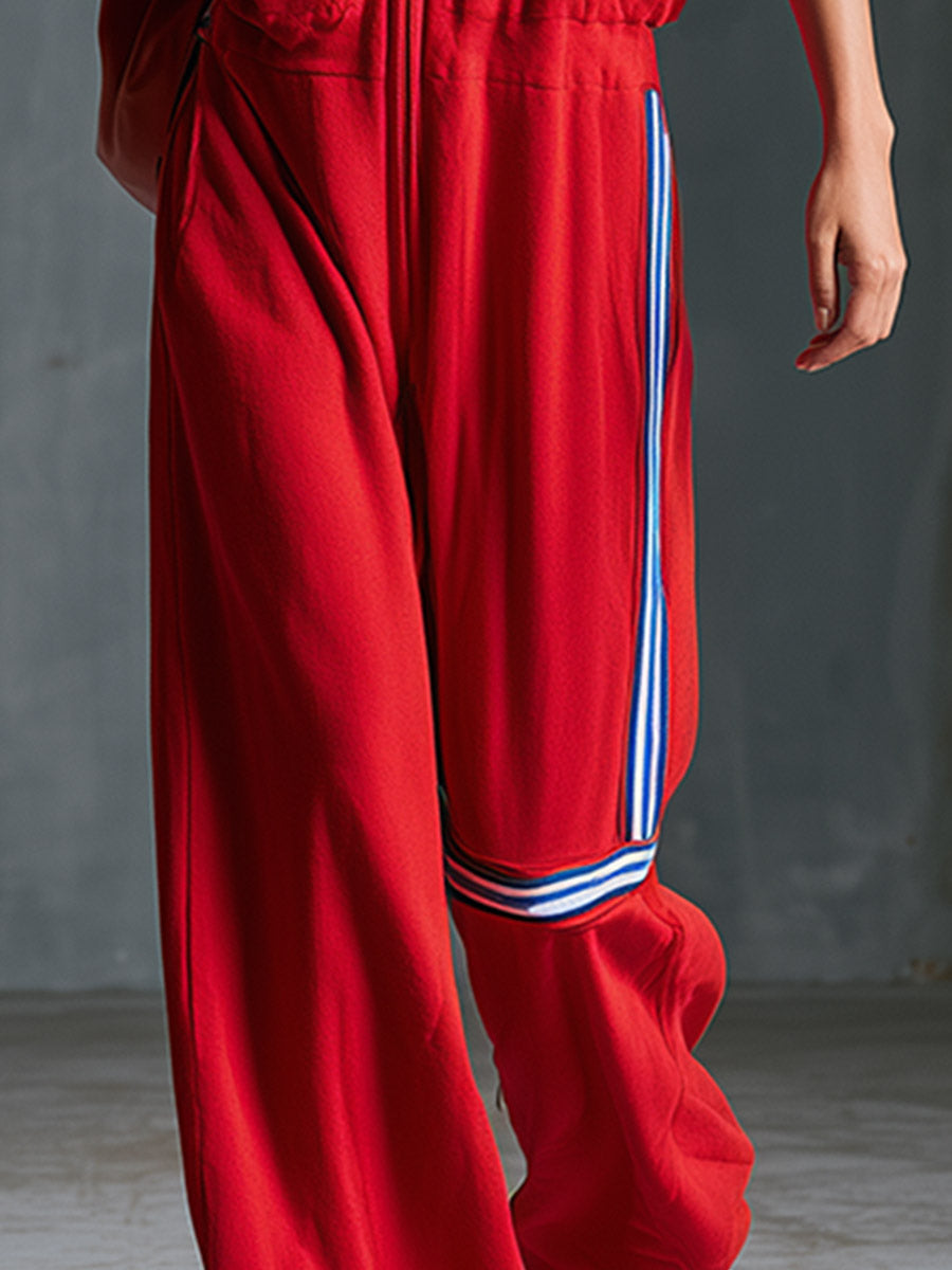 Casual-chic Sporty Side-stripe Detail Red Cotton Short-sleeve Hooded Jumpsuit